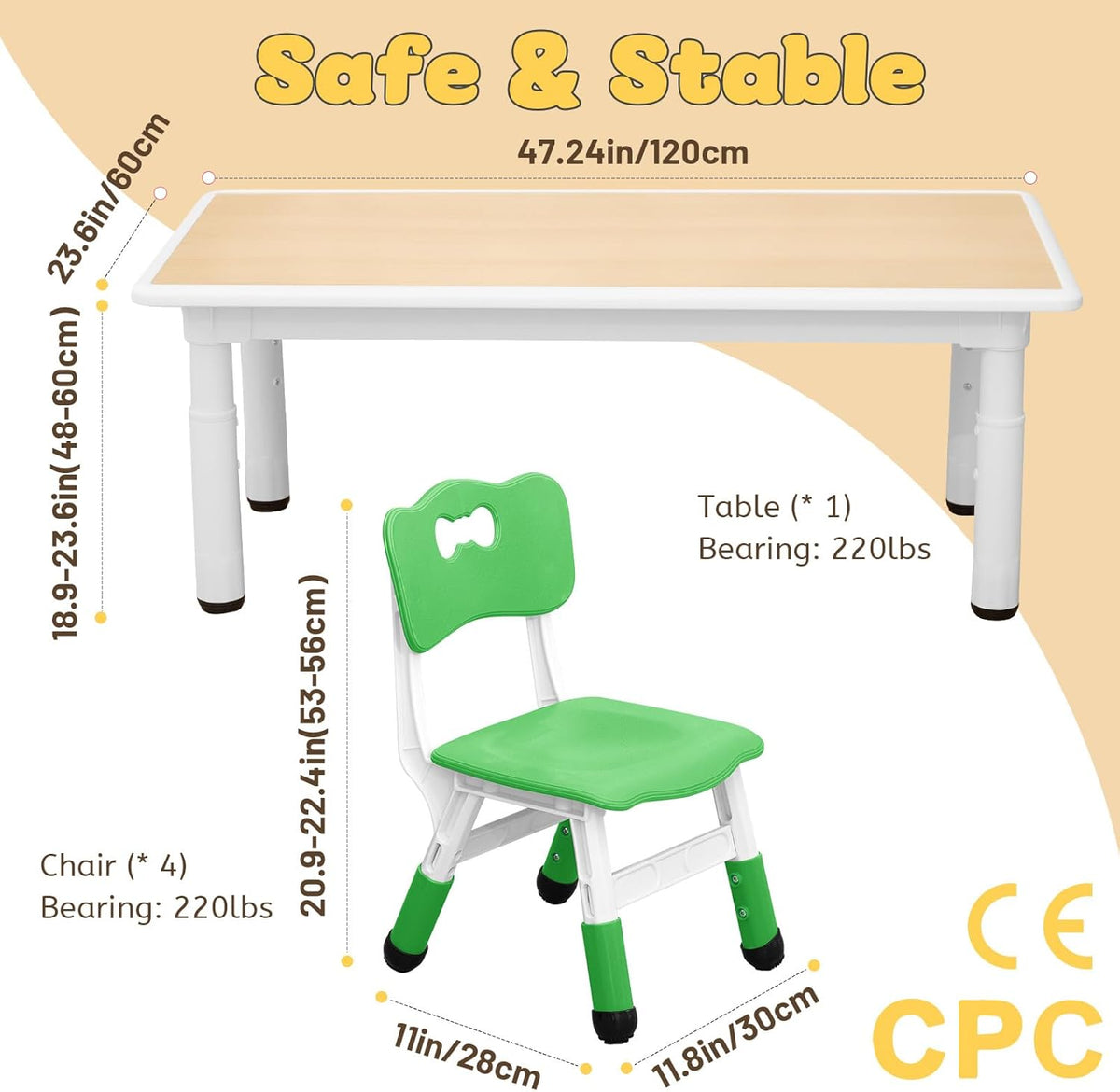 FUNLIO Kids Table and 4 Chairs Set for Ages 3-8, Height Adjustable Toddler Table and Chair Set