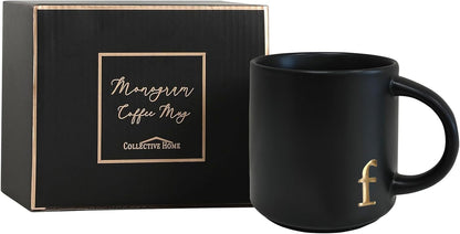 COLLECTIVE HOME - Black Monogram Ceramic Mugs, 15 oz Golden Initial Coffee Cups, Elegant Alphabet