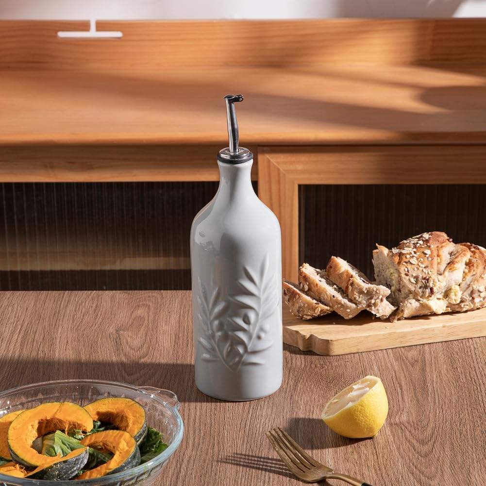 Sweejar Ceramic Olive Oil Dispenser Bottle, 20 Oz Relief Opaque Oil Cruet Protects Oil To Reduce