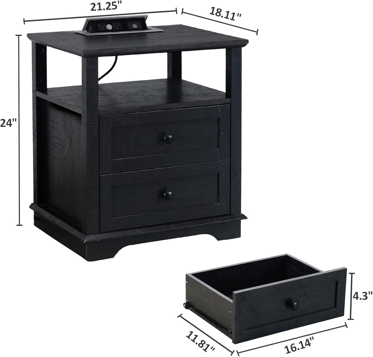 HIFYOBRO End Table with 2 Drawers and Charging Station, Type-C & USB Port & Power outlets, Wooden