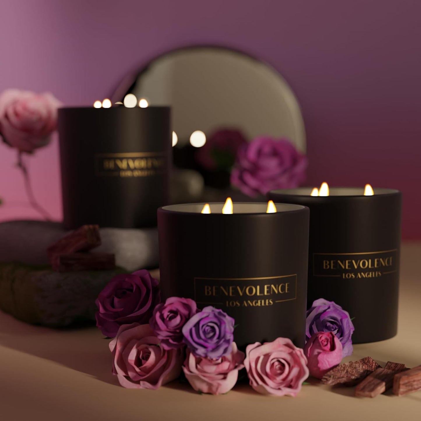 Benevolence LA 3 Wick Candle, Rose & Sandalwood Large Scented Candle | Soy Candles | Gifts for