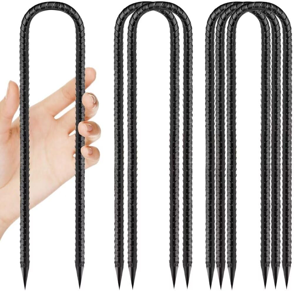 Ground-Stakes-Heavy-Duty-12 inch, U-Hook Rebar Stakes Black Coated Anti-Rust 6pcs Garden Stakes