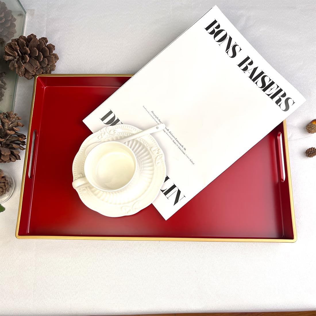Red Decorative Tray, Rectangular Serving Tray with Handles, Plastic Coffee Table Tray for Ottoman