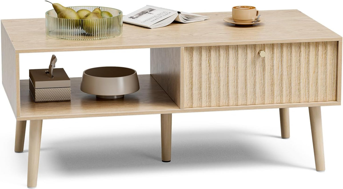 Coffee Table with Storage, Boho Dining Table with Fluted Drawer and Solid Wood Legs, Small Coffee
