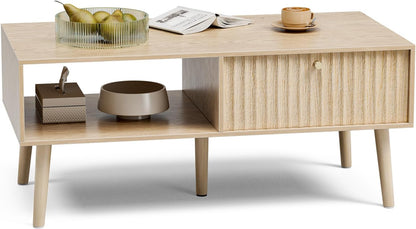 Coffee Table with Storage, Boho Dining Table with Fluted Drawer and Solid Wood Legs, Small Coffee