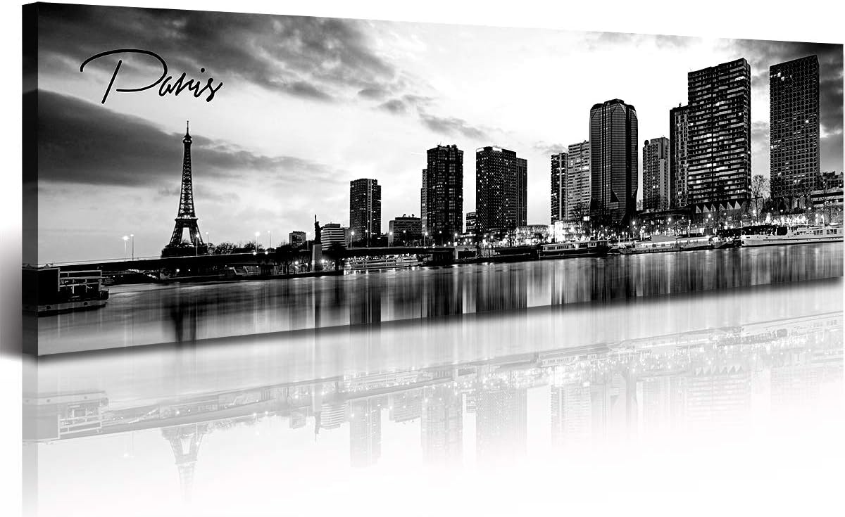 DJSYLIFE Paris Eiffel Tower Skyline Wall Art Black and White Modern City Night View Panoramic