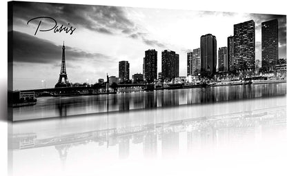 DJSYLIFE Paris Eiffel Tower Skyline Wall Art Black and White Modern City Night View Panoramic