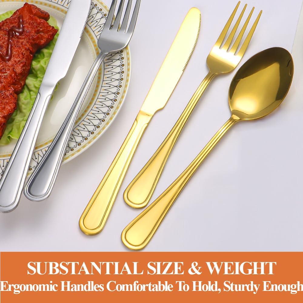 20 Pcs Gold Silverware Set for 4 with Simple Striped Handle Design, Food Grade Stainless Steel