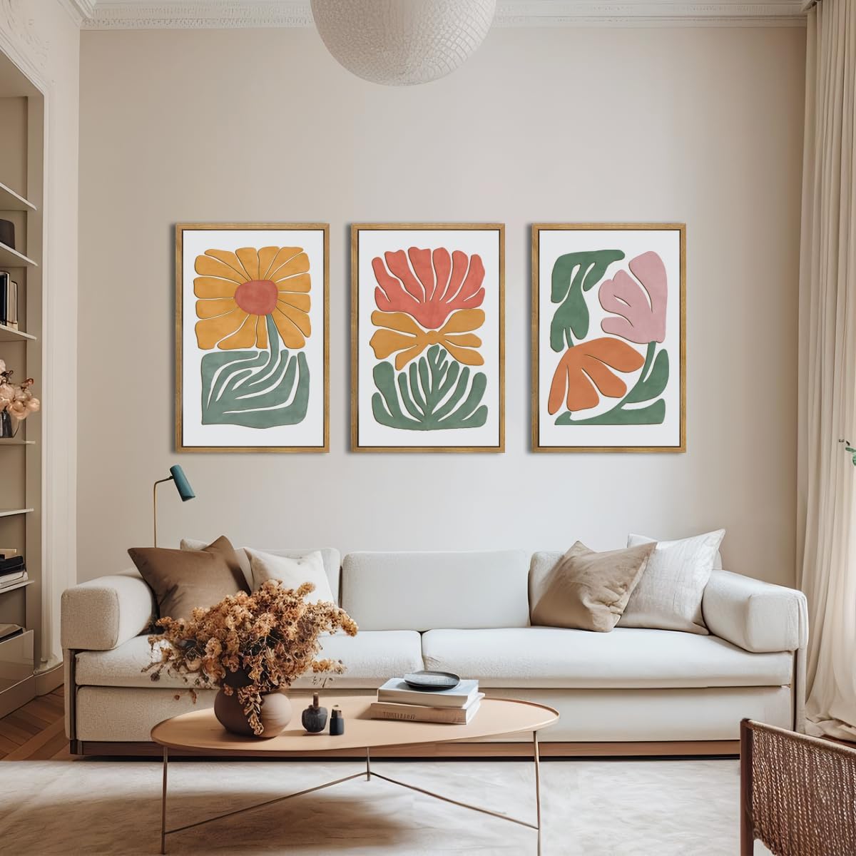 Large Abstract Boho Floral Wall Art Set Colorful Botanical Wood Wall Decor Modern Mid Century