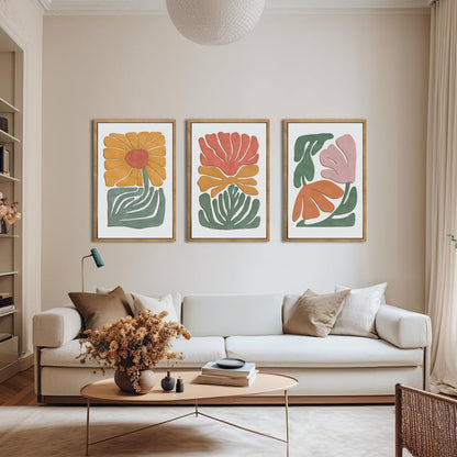 Large Abstract Boho Floral Wall Art Set Colorful Botanical Wood Wall Decor Modern Mid Century