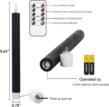 GenSwin Flameless Black Taper Candles Flickering with 10-Key Remote, Battery Operated Led Warm 3D