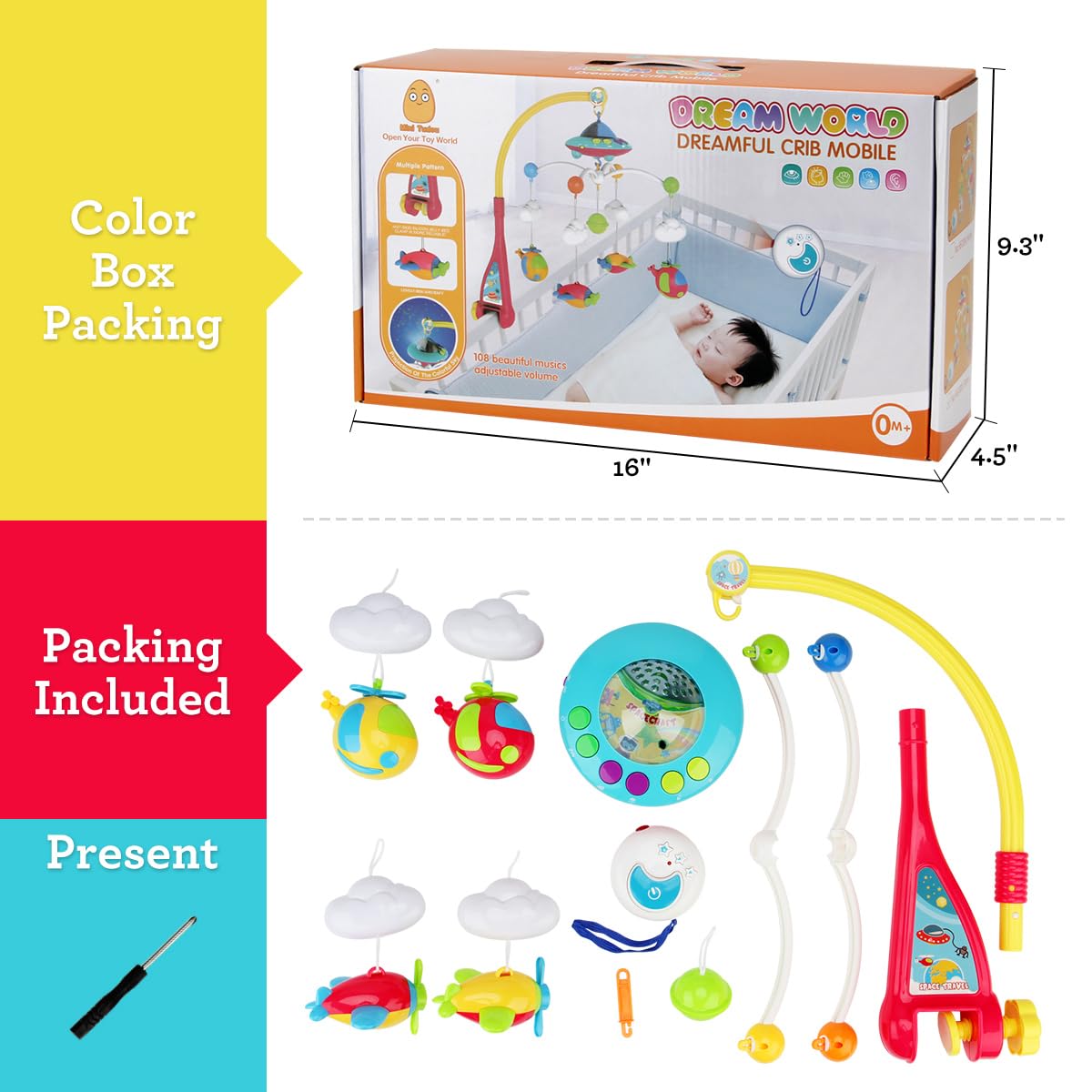 Baby Musical Crib Mobile with Hanging Rotating Toys, Remote Control, Lights Projector Function