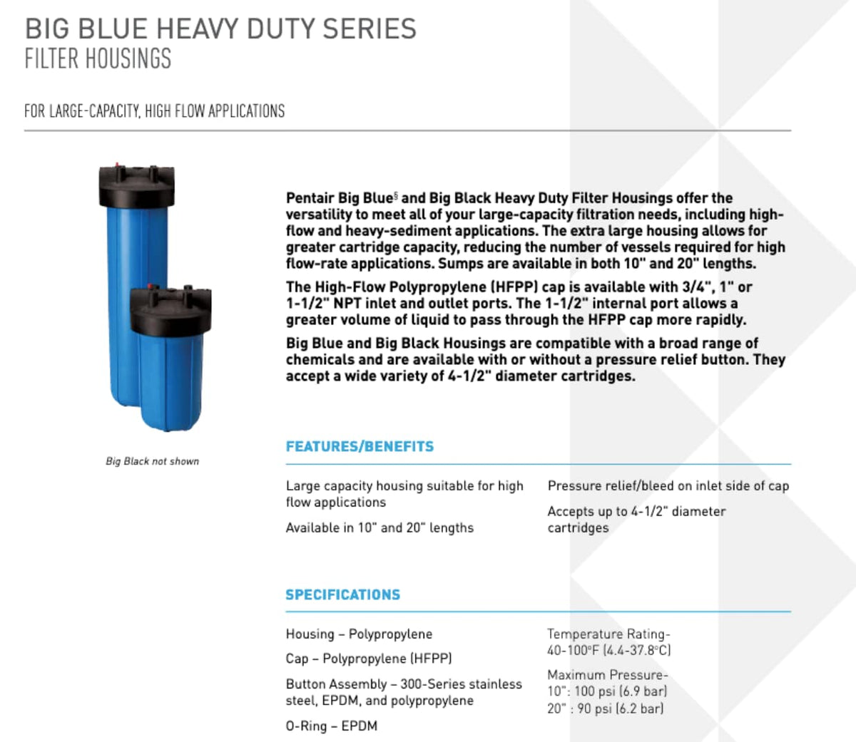 Pentair Pentek 150426 Big Black Filter Housing, 1" NPT #10 Whole House Heavy Duty Water Filter