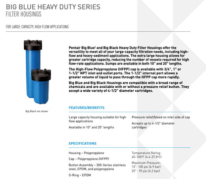 Pentair Pentek 150426 Big Black Filter Housing, 1" NPT #10 Whole House Heavy Duty Water Filter
