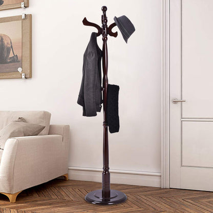 Tangkula 71" Free Standing Solid Wood Coat Hat Scarf Rack Hanger Tree Stand Home Furniture, Brown
