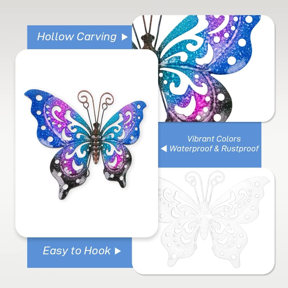 3 Pack Metal Butterfly Wall Decor, Colorful Metal Butterfly Outdoor Wall Art, Hand-Made Outdoor