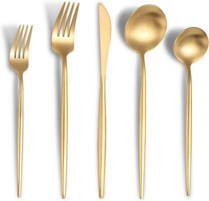 Matte Gold Silverware Set for 6,Modern Stainless Steel Brushed Cutlery Set,30-Pieces Heavy Duty