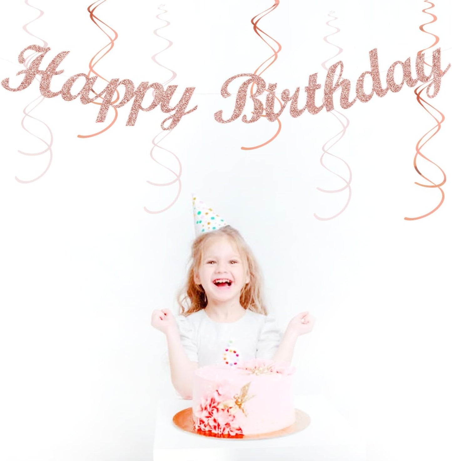 Pink White Rose-Gold Birthday Party-Decorations - 21pcs Happy Banner, Paper Lanterns,Tissue Pom
