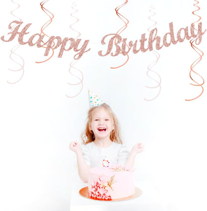 Pink White Rose-Gold Birthday Party-Decorations - 21pcs Happy Banner, Paper Lanterns,Tissue Pom