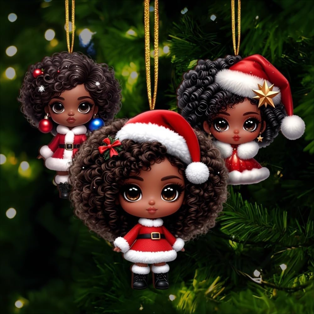 16pcs African American Black Chibi Girl Ornaments - Xmas/Christmas Wooden Decor, Gift Boxed for New