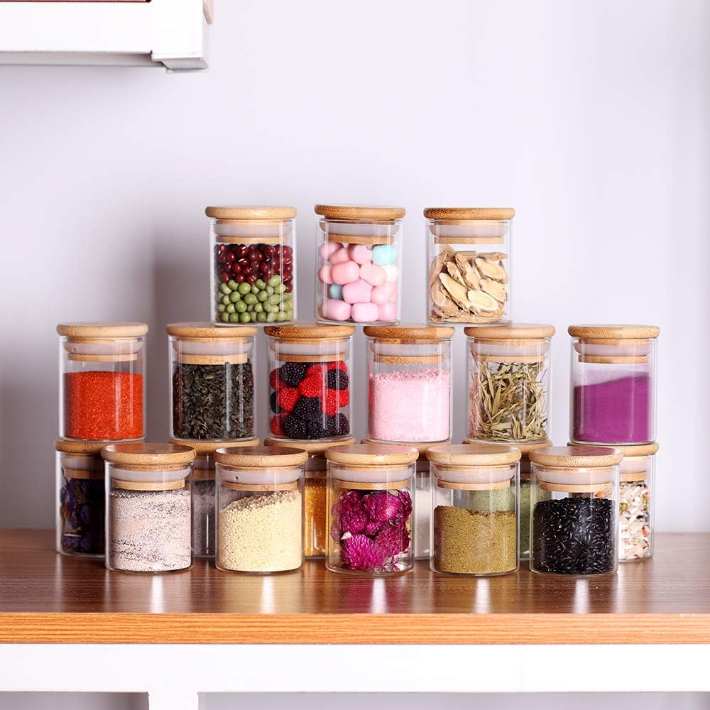Spice Jar Set,2.5oz 20 Piece Glass Jar with Bamboo Airtight Lids and Labels, Mini Clear Food