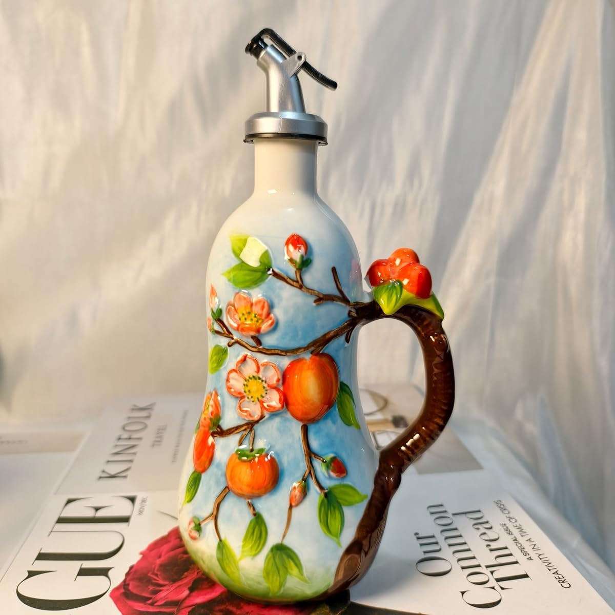 18 Oz Hand Painted Relief Ceramic Olive Oil Bottle Dispenser for Kitchen, Oil and Vinegar Bottle