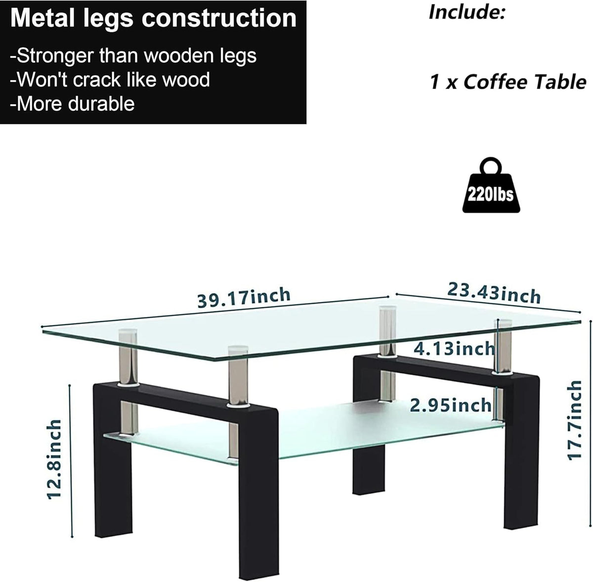 Glass Coffee Table for Living Room, 2 Layer Center Table with Clear Rectangle Tempered Glass Top