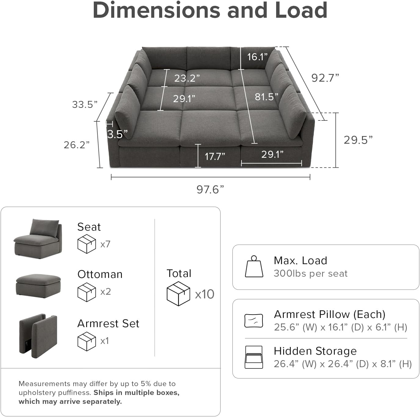 mopio Oversized Modular Sectional Sofa with Fully Removable Covers and Storage, Convertible U