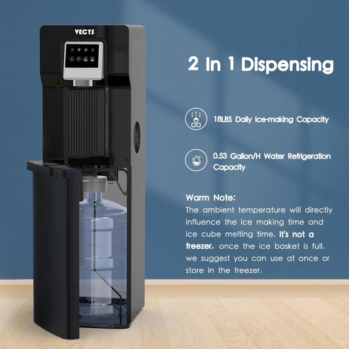 VECYS Bottom Loading Water Cooler with Ice Maker, Cold Water Supply with 18LBS Daily Ice Making
