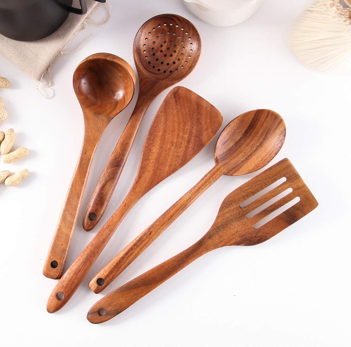 Wooden Spoons for Cooking, Cooking Utensils Set of 6 Natural Teak Wooden Cooking Spatulas with