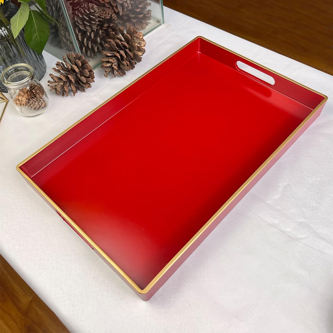 Red Decorative Tray, Rectangular Serving Tray with Handles, Plastic Coffee Table Tray for Ottoman