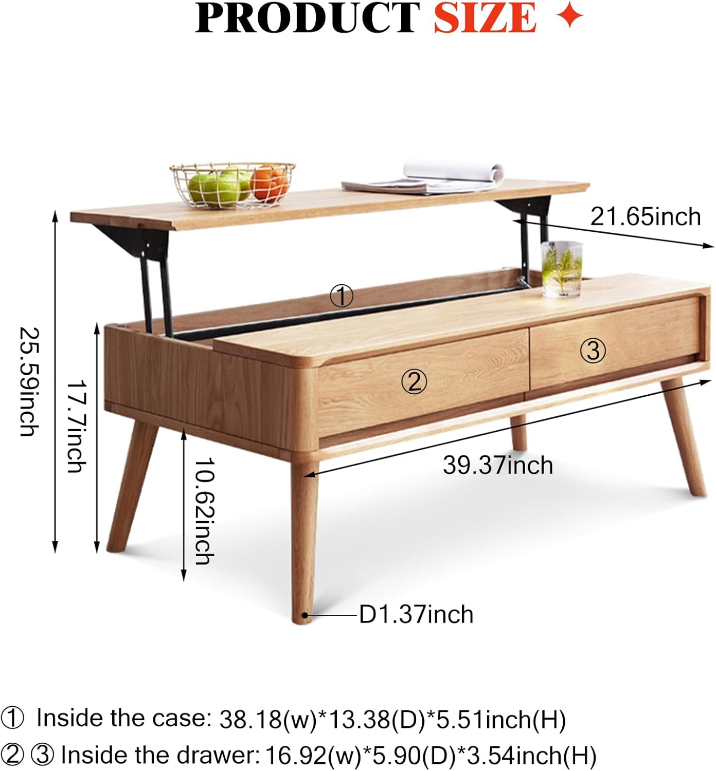 100% Solid Wood Lift Top Coffee Table for Living Room, Mid Century Modern Tables with Drawers and