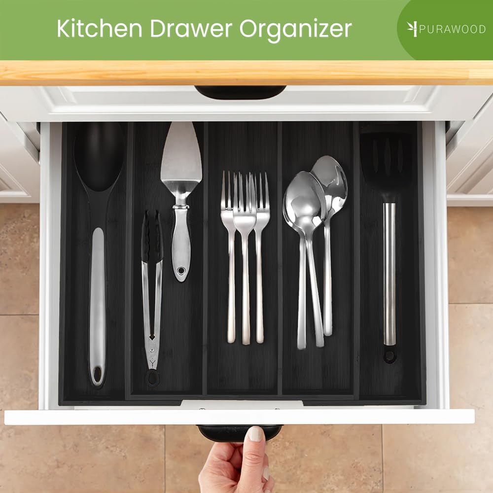 Purawood Kitchen Drawer Organizer - Expandable Utensil Organizer for Kitchen, Cutlery Tray &