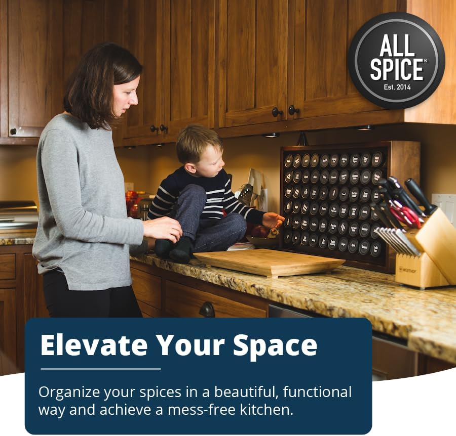 AllSpice Spice Rack Organizer, Wood, 525 Unique Labels, Countertop or Wall Mount, Includes 30 4oz