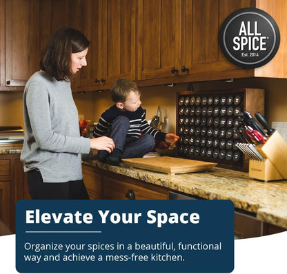AllSpice Spice Rack Organizer, Wood, 525 Unique Labels, Countertop or Wall Mount, Includes 30 4oz