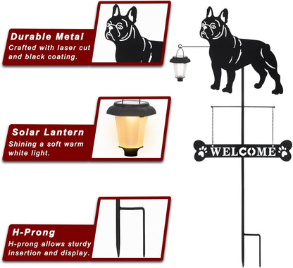 BAYN Solar French Bulldog Silhouette Dog Breed Welcome Sign with a Lantern Outdoor Decorative