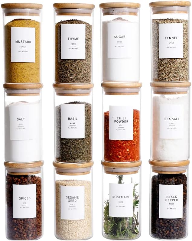 12 Pcs Glass Spice Jars With Bamboo Airtight Lids, 10oz Thicken(2.4mm) Spice Containers With 148