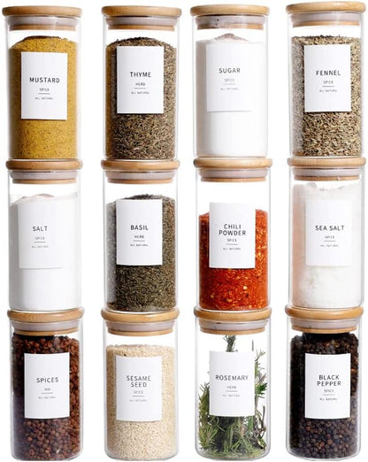 12 Pcs Glass Spice Jars With Bamboo Airtight Lids, 10oz Thicken(2.4mm) Spice Containers With 148