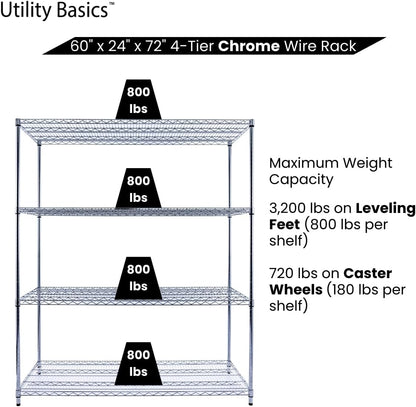 60"x24"x72" PREMIUM METAL STEEL 4-Tier Wire Shelving NSF 3200 LBS MAX Capacity Heavy Duty Storage
