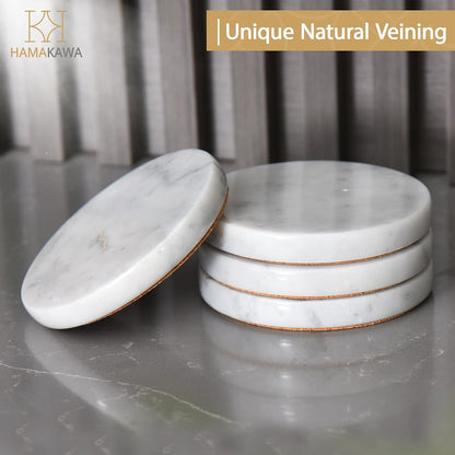 Real Natural Marble Coasters Set of 4, Carrara White Limestone 4 Inch/10 cm, Modern Round Stone