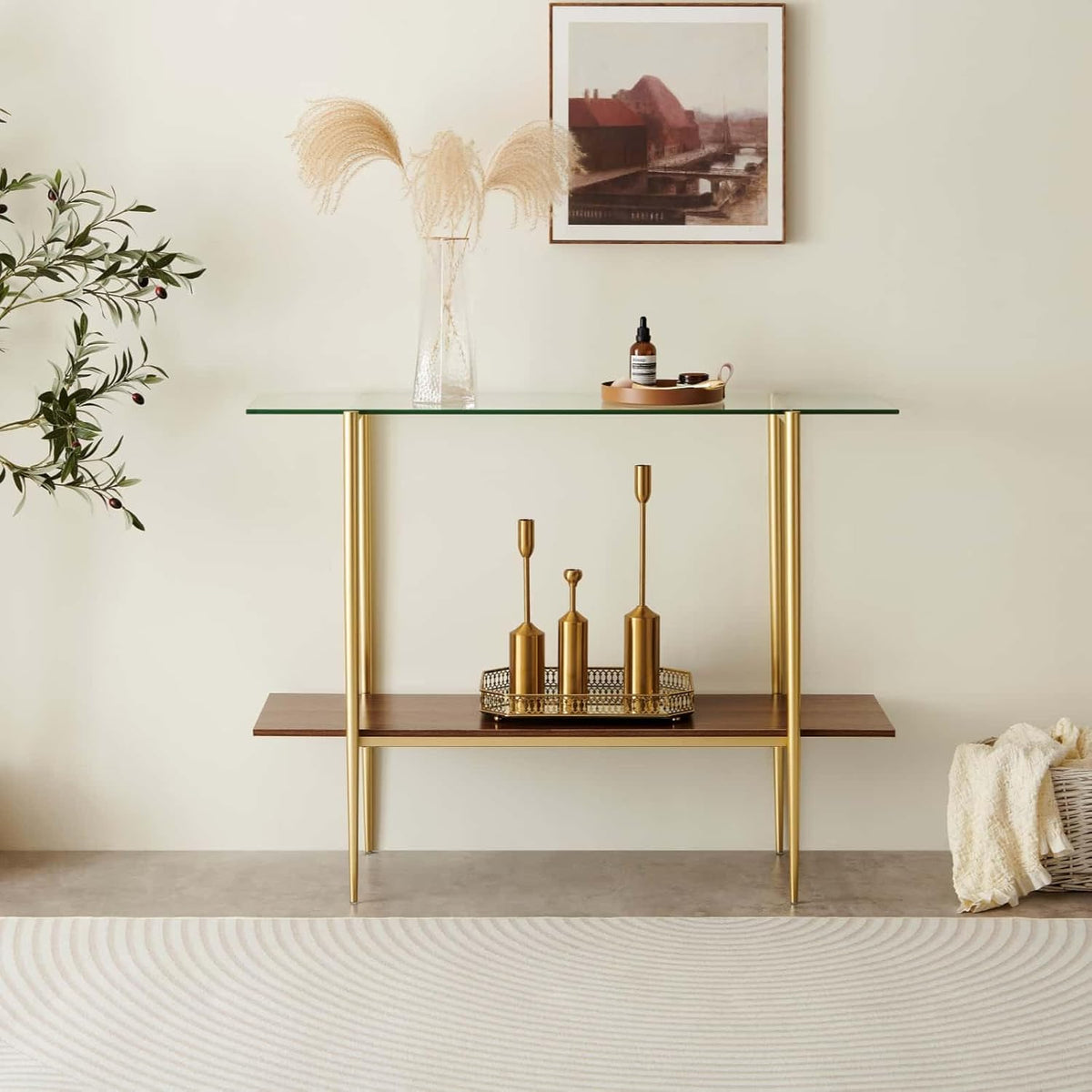 Glass Console Table for Living Room, Foyer & Entrance, 2-Tiers Mid-Century Modern Sofa Table with