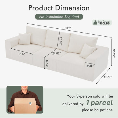Boneless Cloud Couch Sofa for Living Room, 112" 3 Seater Beige Modern Lounge Sleeper Couch, No
