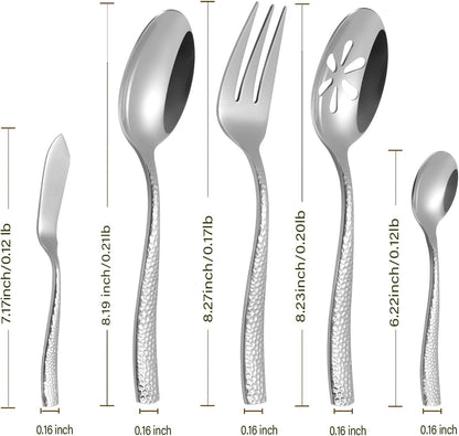 Silverware 45-Piece Silver Hammered Flatware Set with Serving Utensils Stainless Steel Thick Handle