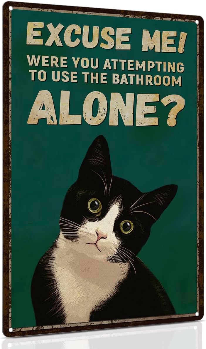 ALKB Funny Tuxedo Cat Metal Signs Black Cat Metal Poster Tuxedo Cat Lover Gift Vintage Bathroom
