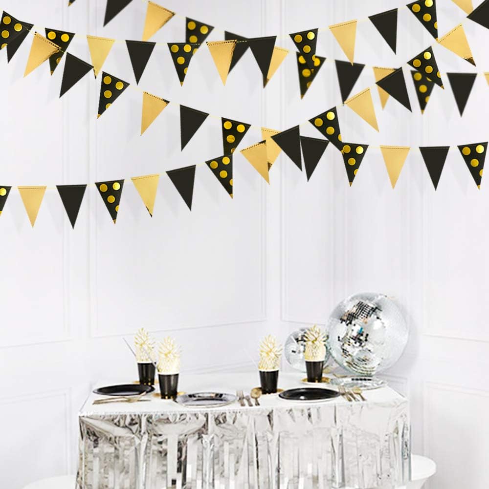 30Ft Black Gold Party Decorations Polka Dot Pennant Banner Paper Circle Dot Triangle Flags Bunting