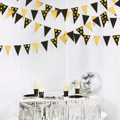 30Ft Black Gold Party Decorations Polka Dot Pennant Banner Paper Circle Dot Triangle Flags Bunting