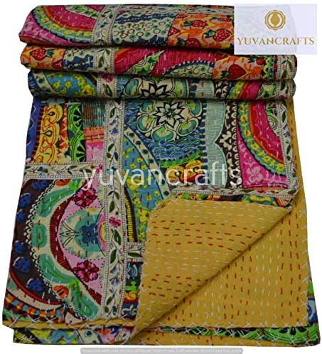 YUVANCRAFTS Patchwork Cotton Kantha Quilt - Indian Traditional Handmade Bedding Vintage Multi Color