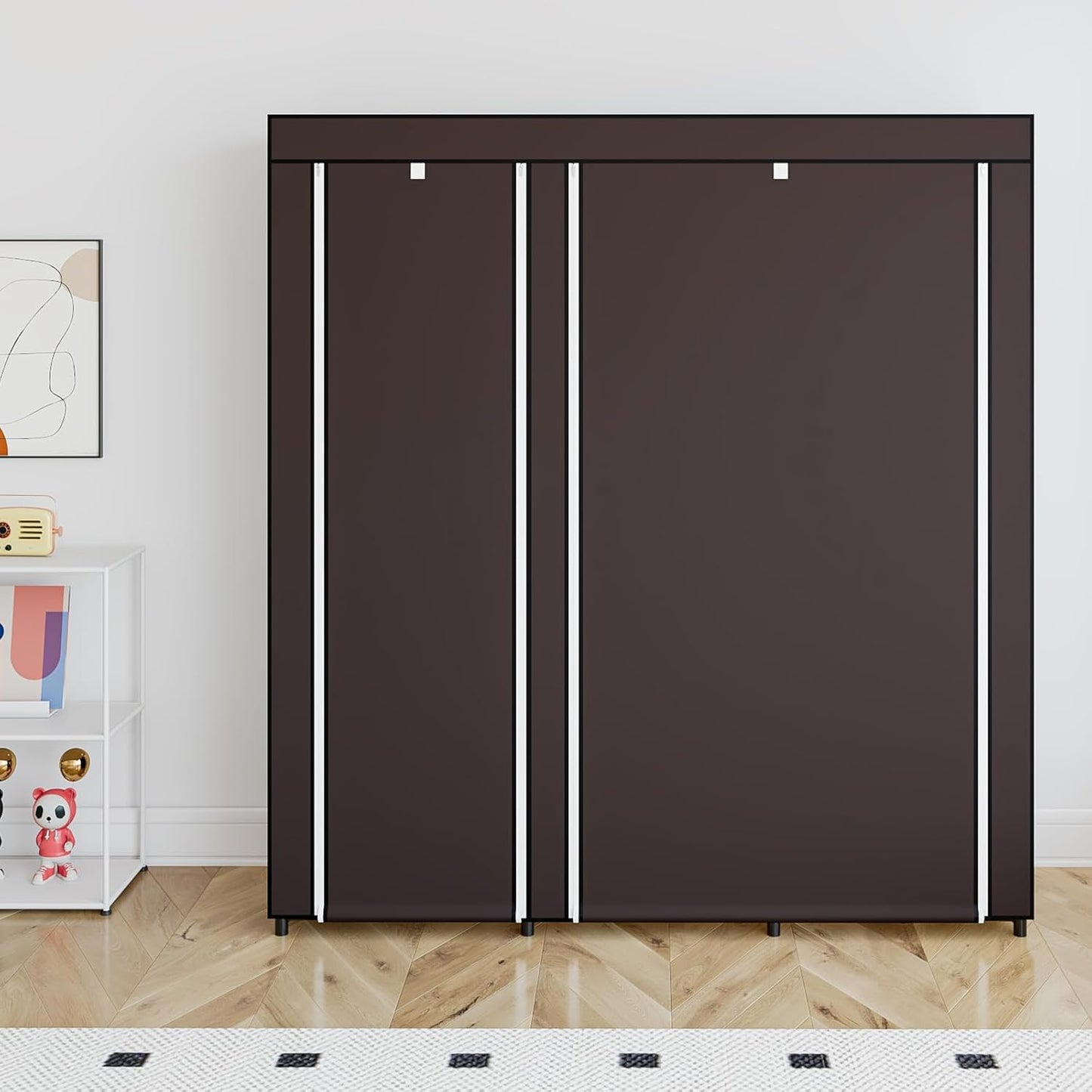 SORCEDAS Portable Wardrobe Closet Storage Organizer Metal Hanging Rack Non-Woven Fabric (Coffee, 51