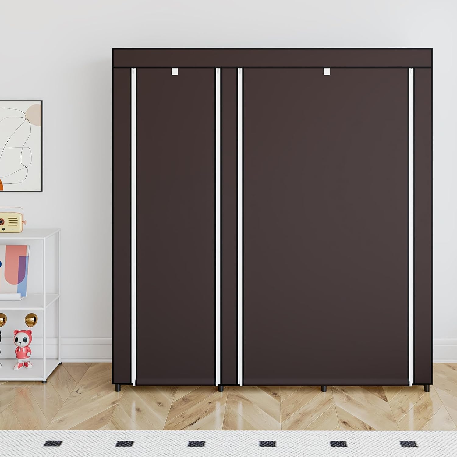 SORCEDAS Portable Wardrobe Closet Storage Organizer Metal Hanging Rack Non-Woven Fabric (Coffee, 51