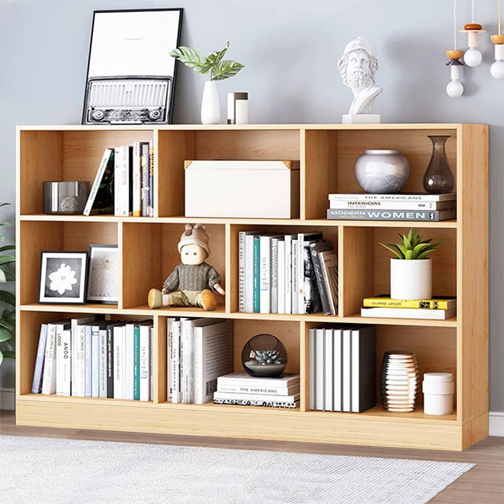 IOTXY Open Shelf Low Bookcase - Wooden 3-Tier Floor Standing Display Cabinet Organizer with Base